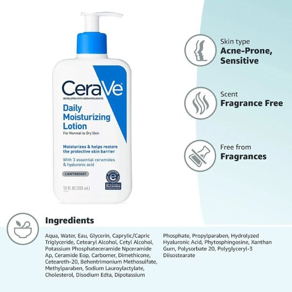 Cerave Daily Moisturizing Lotion 300ml Hydrating Lotion For All Skin Types With Long-Lasting Moisture And Lightweight Formula